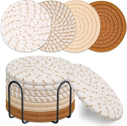 Drink Coasters Set of 8, 4 Colors Absorbent Coasters for Drinks, Minimalist Cotton Woven Coaster for Living Room Decor, Tabletop Protection Suitable for Kinds of Cups, 4.3 Inches